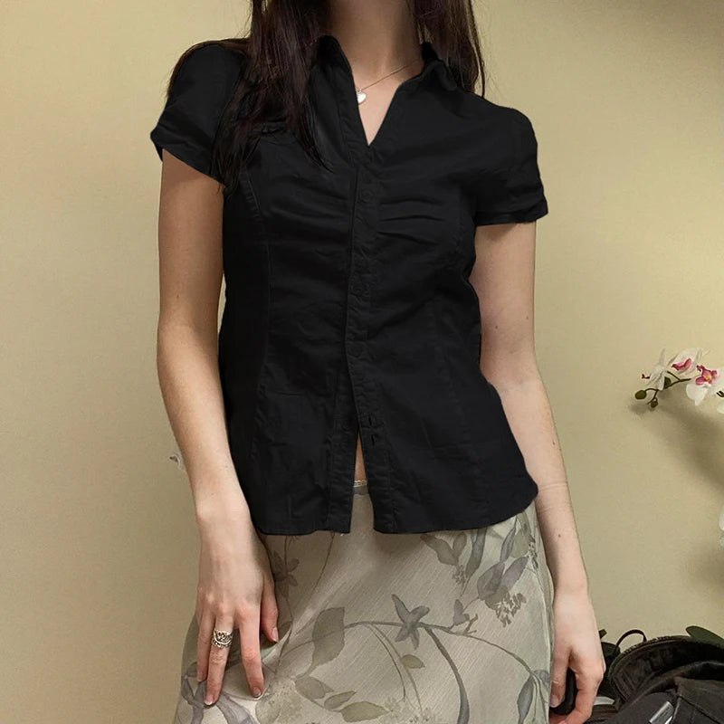 Turn-Down Neck Tee Shirts Short Sleeves Top Ruched Lace-up
