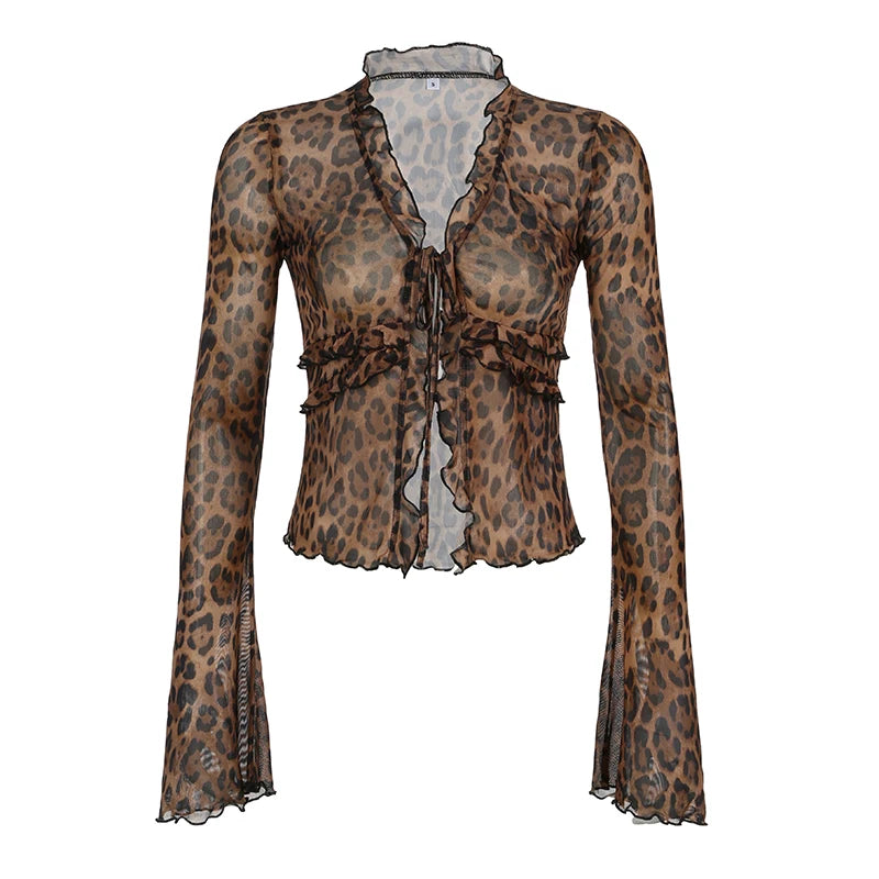 Leopard Meh Ruch Tee Shirt Lace-up Long Sleeve Brown