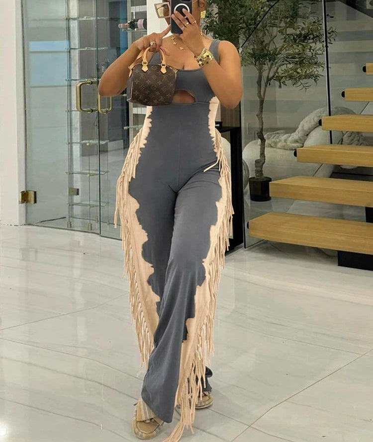 Side Tassel Jumpsuit Hollow Contrast Stretch Fit Sleeveless Elastic Workout Long Overalls