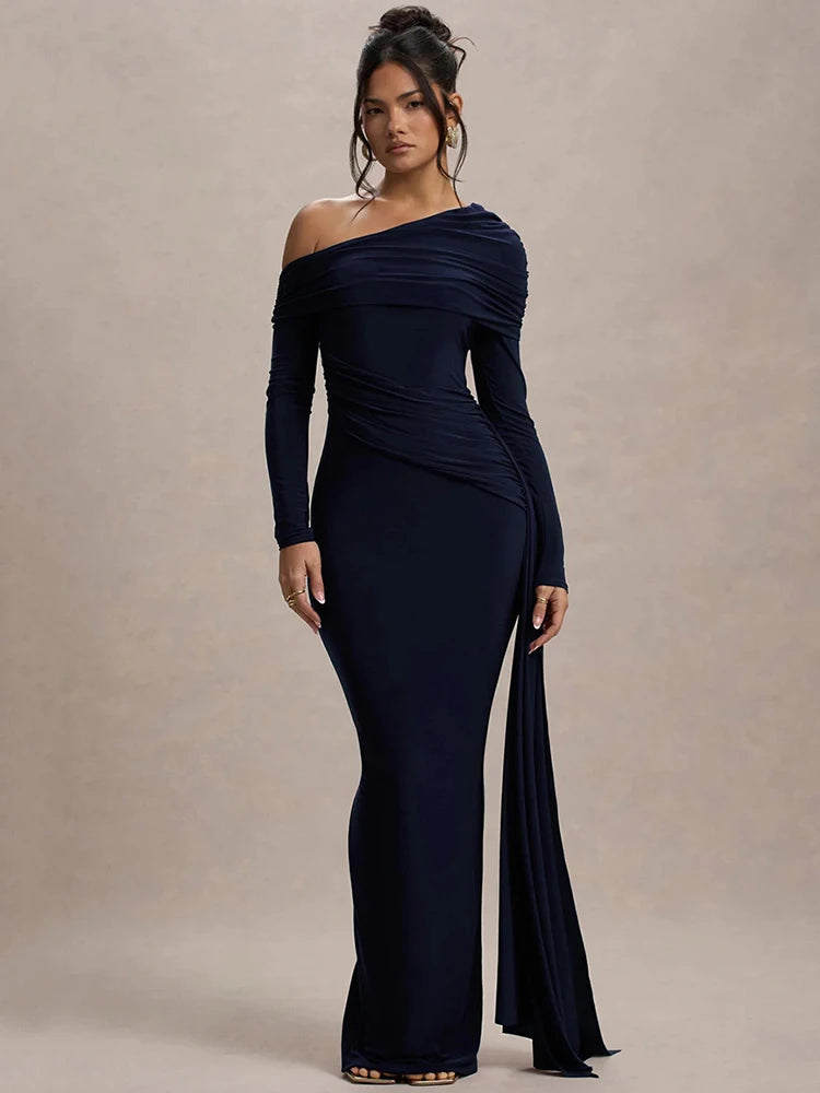 Skew Collar Long Sleeve Maxi Dress Gown Backless Draped Ruched Bodycon Long Dress