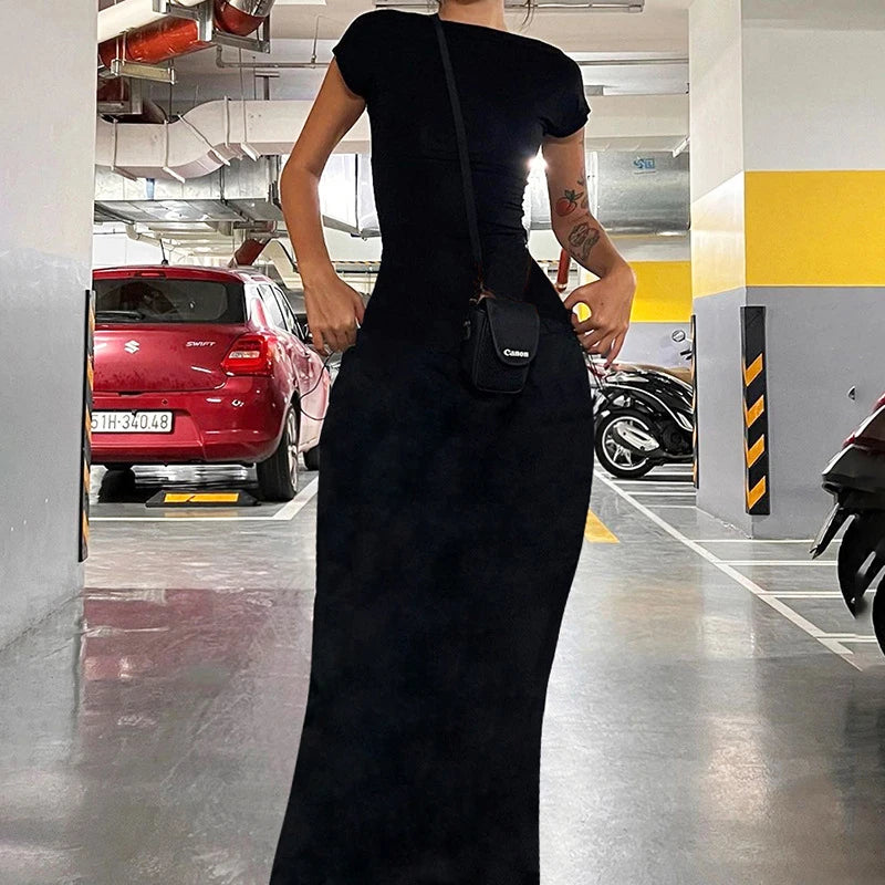 Backless Black Long Dress Slim 's Pullover Short Sleeves