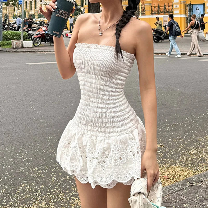 White Ruffles Patchwork Floral Dress