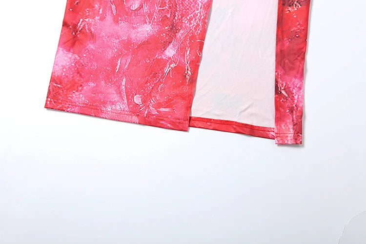Tie-Dye Print Dress Halter Backless Irregular Hollow Ruched Knot Tie-Dye Ribbon Slits Long Bodycon