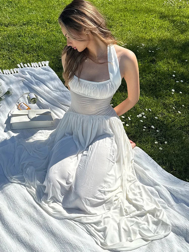 White Mesh Sheer Halter Backless A-Line Maxi Dress