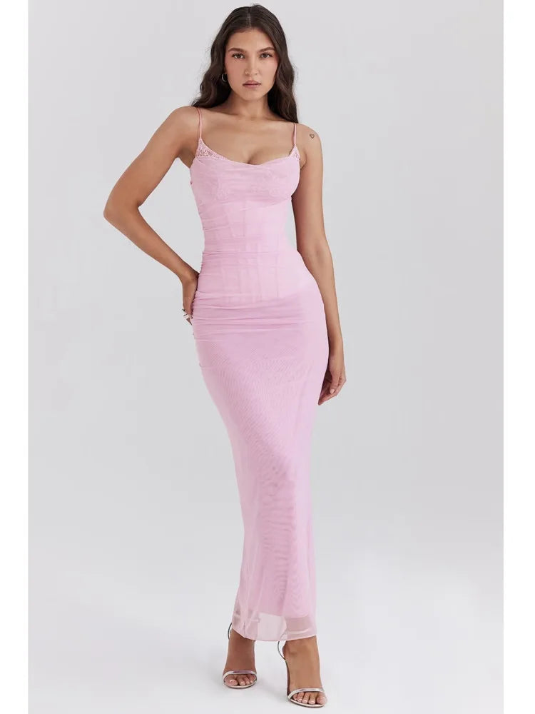 Spaghetti Strap Mesh Patchwork Double Layered Dress Bodycon Zipper Dress