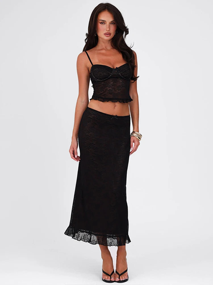 Lace Two-Piece Set Flower Dark Lines Patchwork Camisole Top Straight-Leg Lace Bottoms Matching Suit