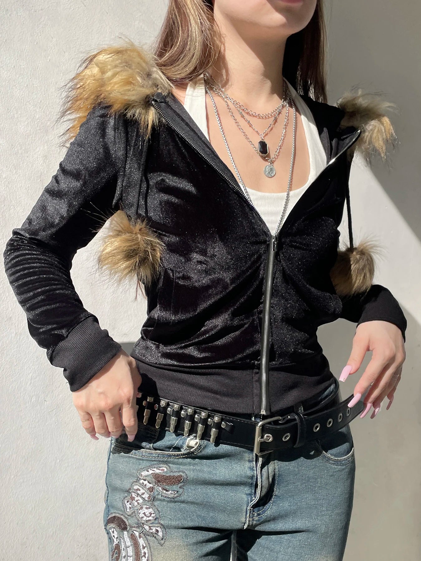 Zip Up Fur Neck Hoodie Coats 's Jackets Front Pockets