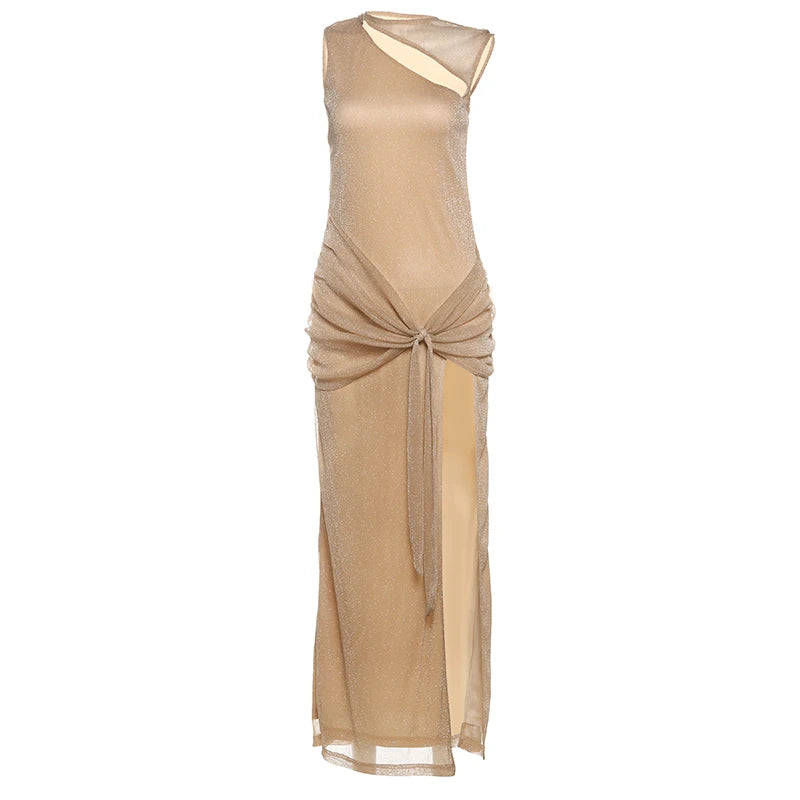 Bright Silk Dress Hollow Sleeveless Ruched Cross Knot Slits Robe Long Bodycon