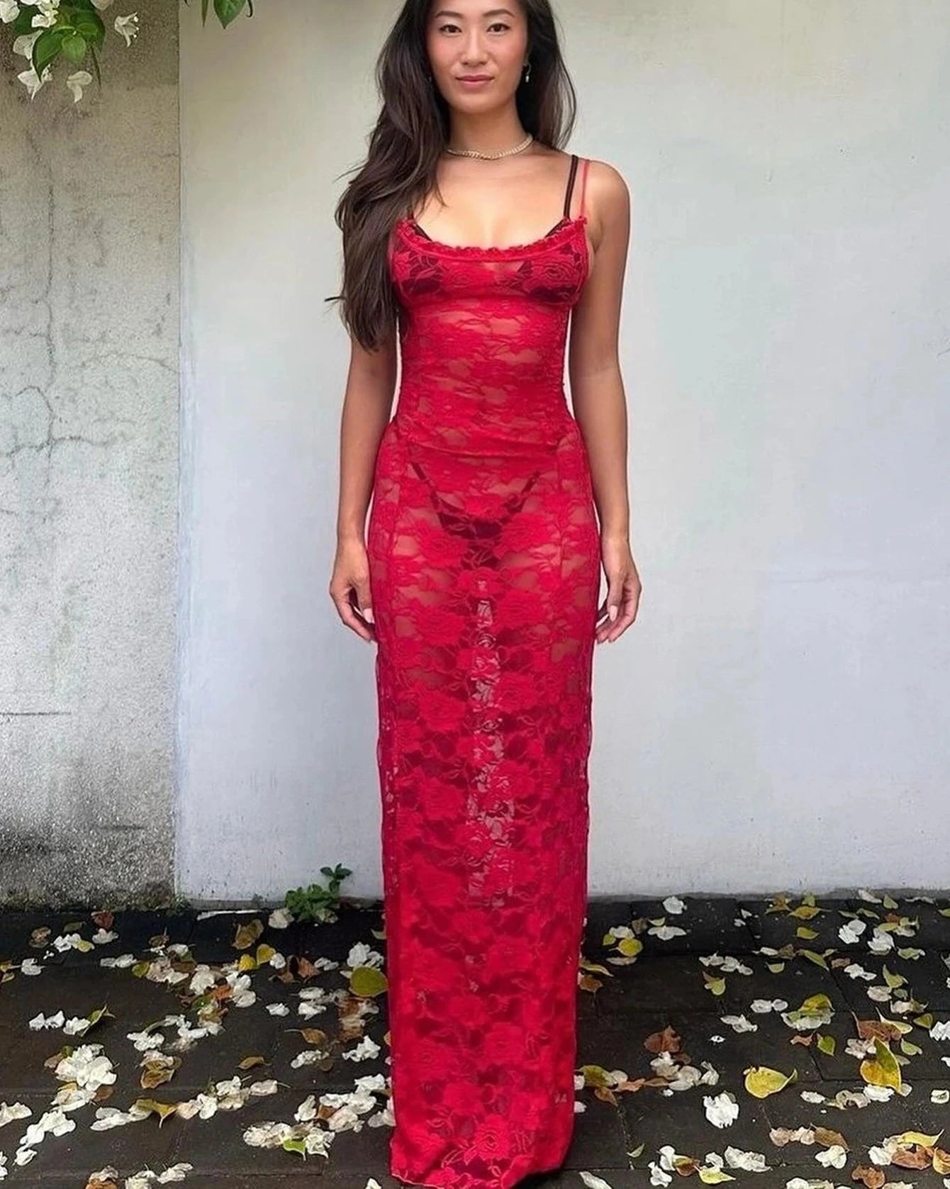 Sheer Ruffled Lace Patchwork Maxi Dress