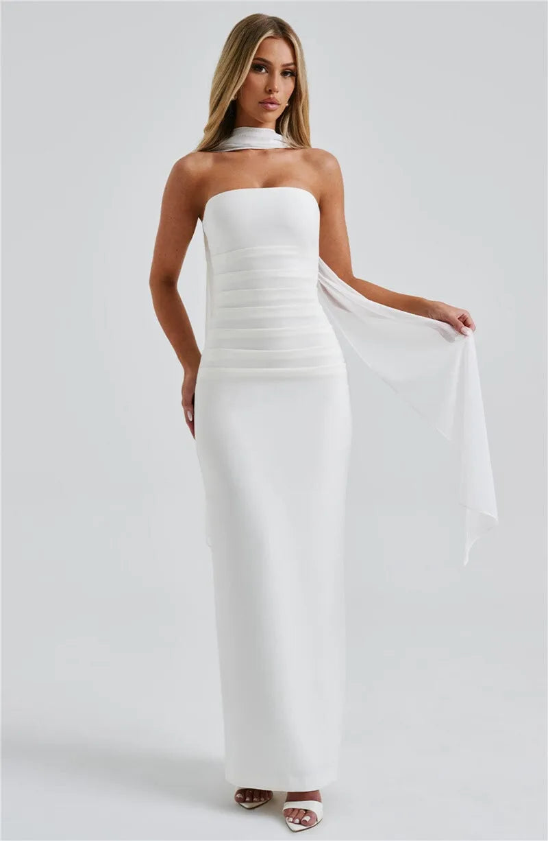 Scarf Collar Backless Bodycon Maxi Dress