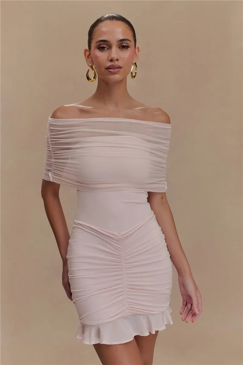 Mesh Strapless Off-shoulder Ruffled Mini Dress Backless High Waist Ruched Dress