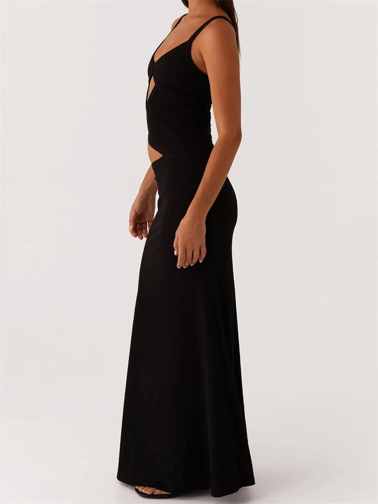 Dress Sleeveless Strap V-neck Backless Waist Front Hollow Out Dress Cocktail