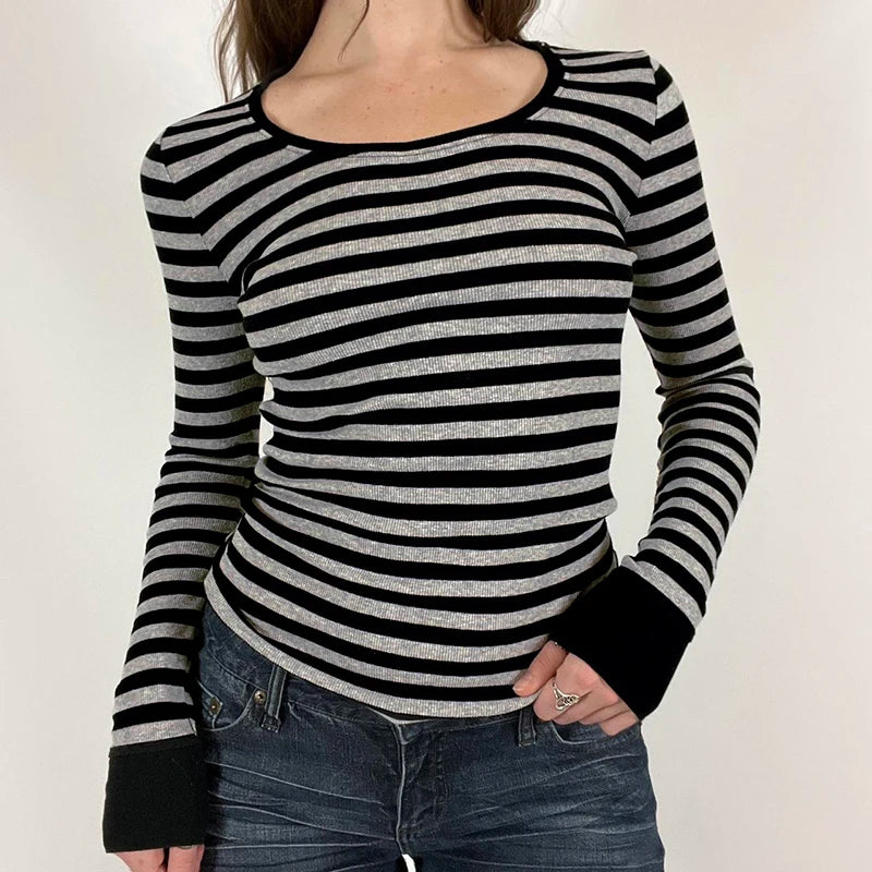 Striped Crewneck Top Tee Long Sleeves Slim