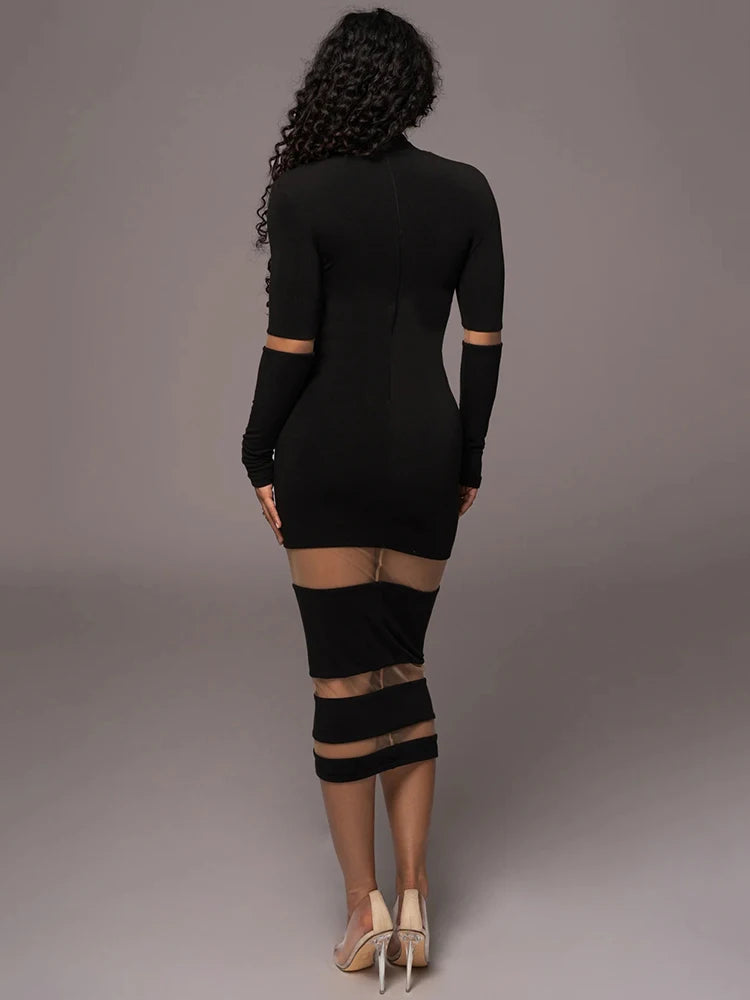 Patchwork Bodycon Midi Dress Turtleneck Long Sleeve Dress