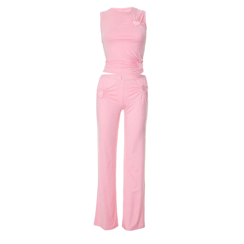 Spring ‘s Love Hollow Out Design Color Set Round Neck Sleeveless Tank Top Low Waist Pants Sets