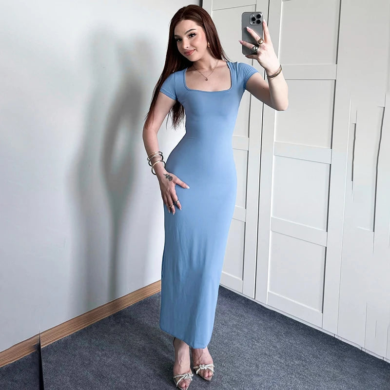 Square Collar Long Dress Short Sleeve Skinny Maxi Dress