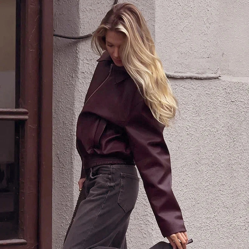 Biker Wind Leather Jacket Long-Sleev Zipper Jacket Looe Cardigan Jacket