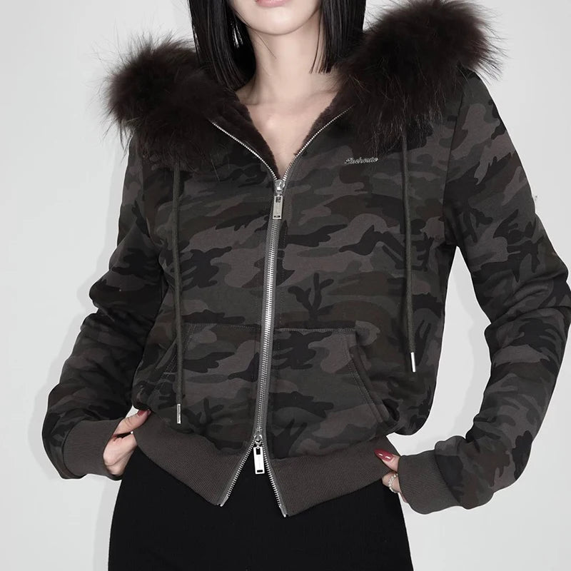 Zip Up Crop Hoodie Coats Camouflage 's Jackets Pockets Fur Neck