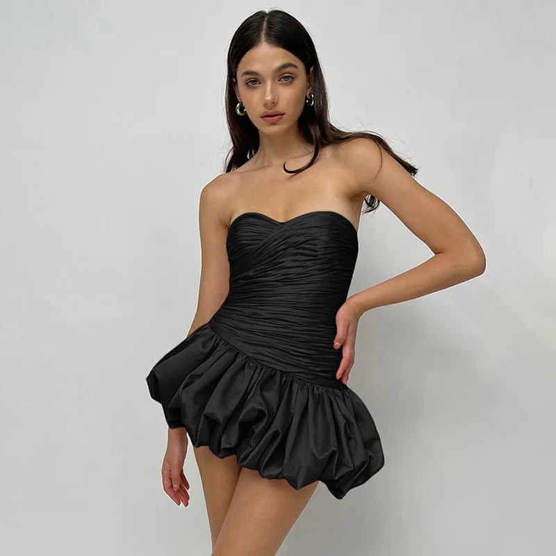 Strapless Backless Bud Dress For Folds Hem Solid Color Patchwork High Waisted Birthday Dress