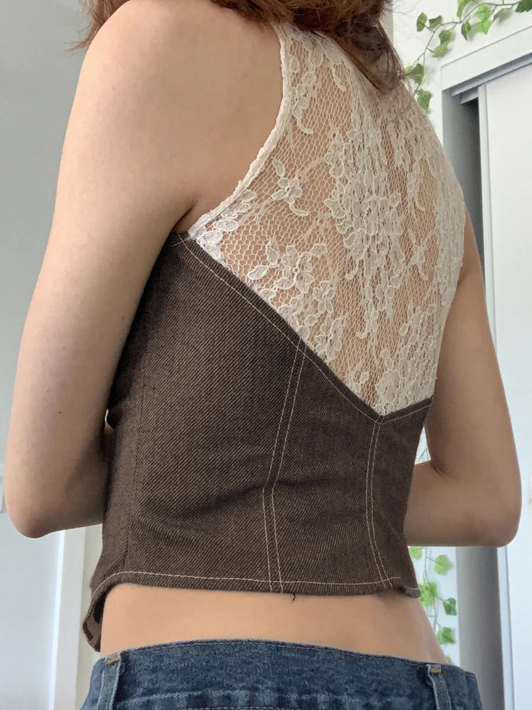 Lace Patchwork Button Up Tank Top Square Collar Sleeveless Slim