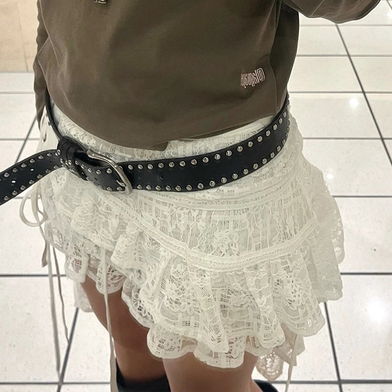 White Lace Irregular Skirt Fairycore A-line Mini Skirts Chic Bottom Y2K