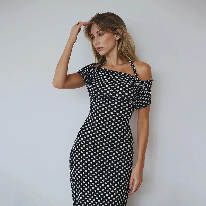 Black Polka Dot Backless Split Maxi Dress