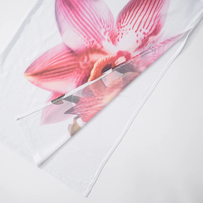 Spring 'S Slant Shoulder Orchid Print Mesh See-Through Patchwork Strapless Short Dress Lined Dress