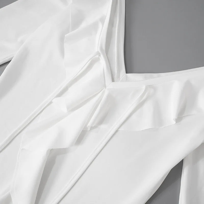 White Deep V Neck Ruffled Dress Long Flare Sleeve Short Dresses Slim