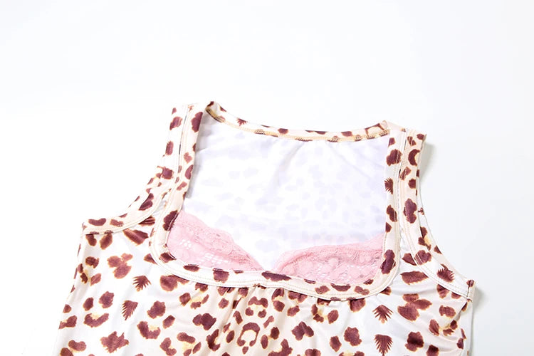 Leopard Print Dress Lace Square collar Sleeveless Mini Bodycon