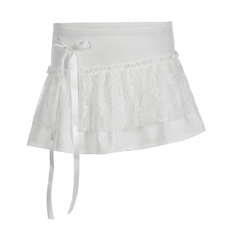Lace Patchwork Ruched Skirts Bow Mini Bottoms A-line Skirts
