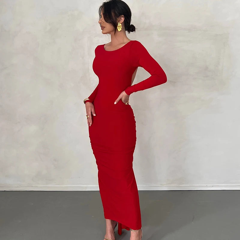Ruched Backless Long Sleeve Bodycon Midi Dress