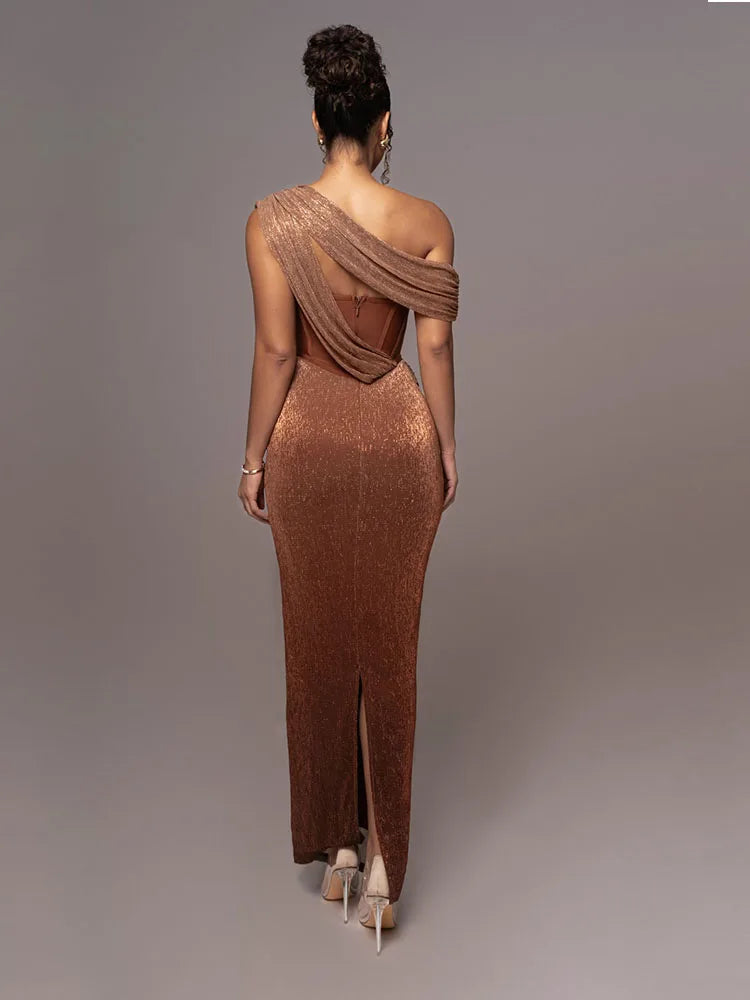 One Shoulder Draped Glitter Long Dress Brown Corset Sparkly Backless Bodycon Maxi Dresses Evening Gowns