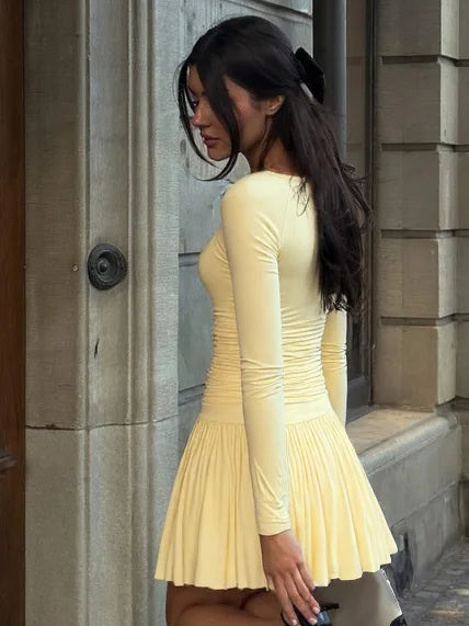 Yellow Deep V-Neck A-Line Long Sleeve Mini Dress