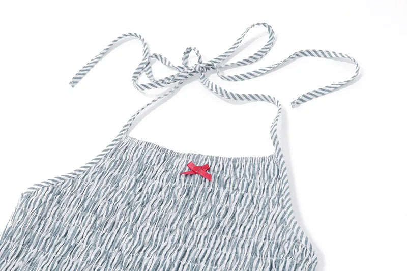 Striped Halter Ruched Off Shoulder Mini Dress Backless Dress