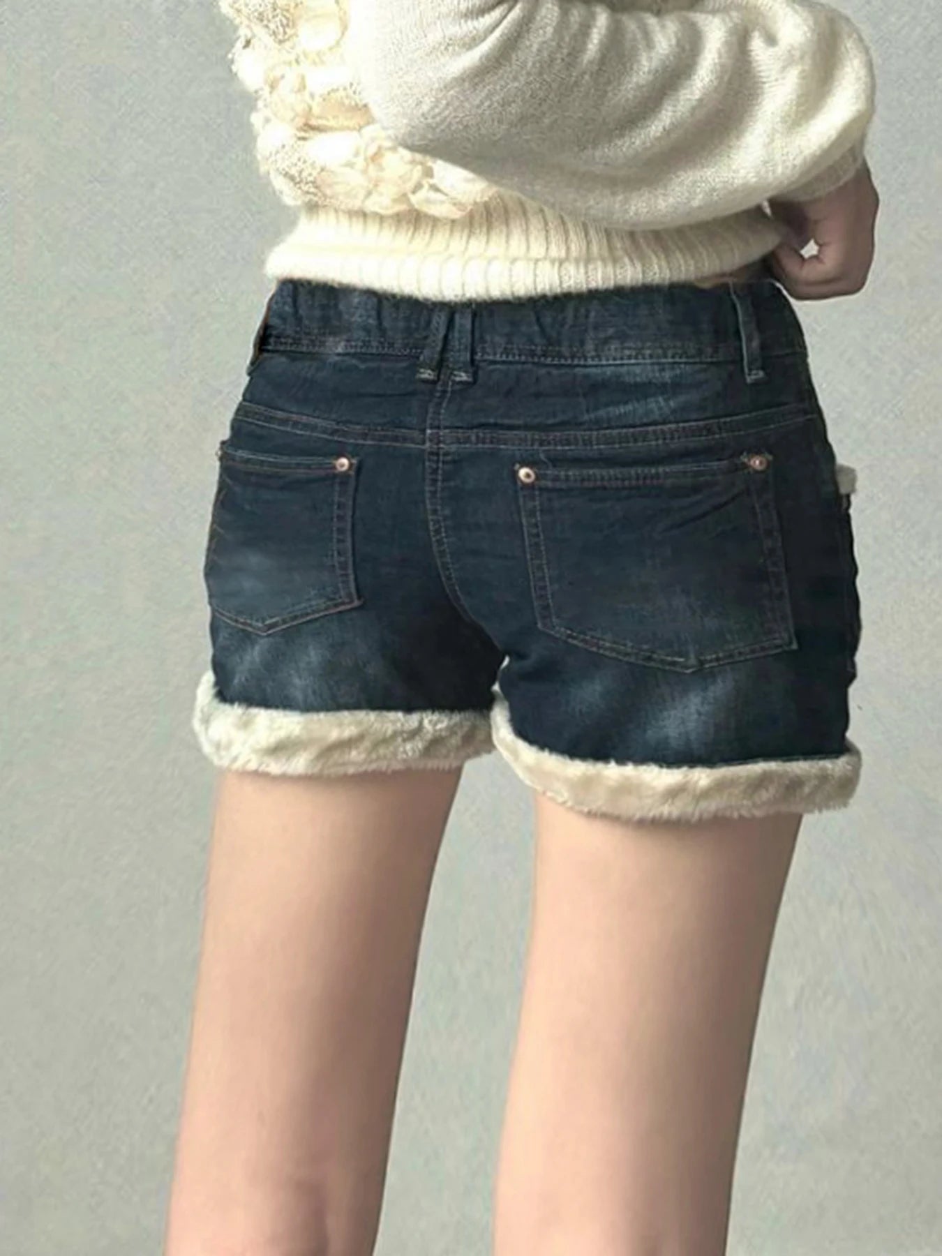 Fur Patchwork Denim Shorts Low Waisted Bottoms Cotton Pants