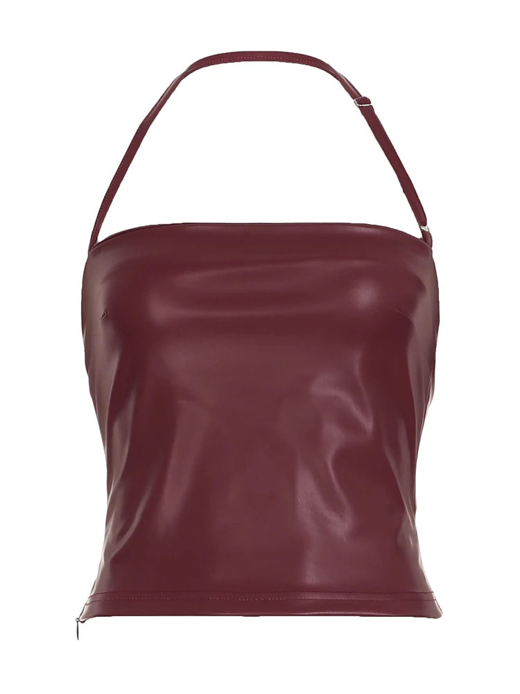Halter Square Neck Top Wine Slim Backless PU 's Top