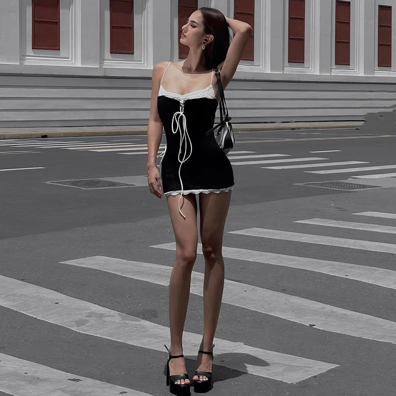 Cross Bandage Patchwork Mini Dress Spaghetti Straps Low-cut Dress