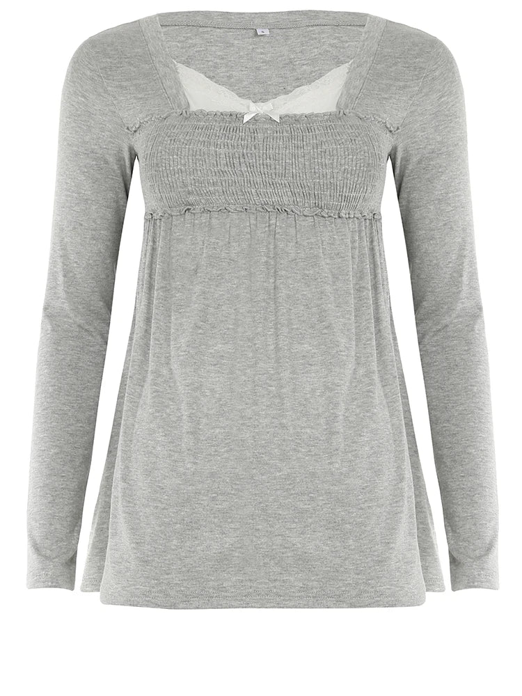 Lace Patchwork Square Collar T-Shirts Long Sleeved Top