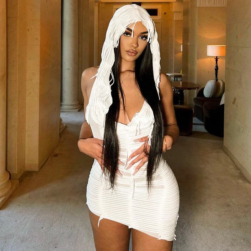 White Hooded Swinging Collar Sleeveless Tassel Design Cascading Urban Chemise Frock Dress