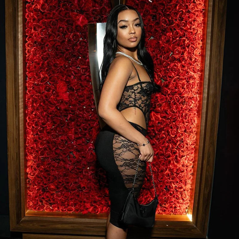 'S Mid-Waisted Lace Patchwork See-Through Package Buttocks Color Seven-Point Pants