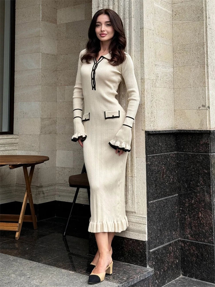 Ruffled Knit Dress Ribbed Contrast Long Sleeve High Waist Lapel Gown Dress Knit Ladies Maxi Dress