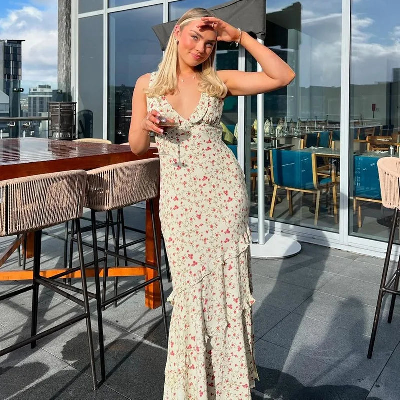 Apricot Floral V-Neck Maxi Dress