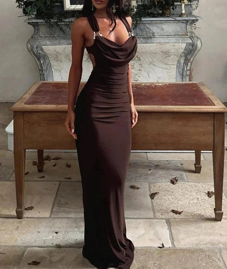 Ruched Dress Metal Buckle Swing collar Sleeveless Backless Long Bodycon