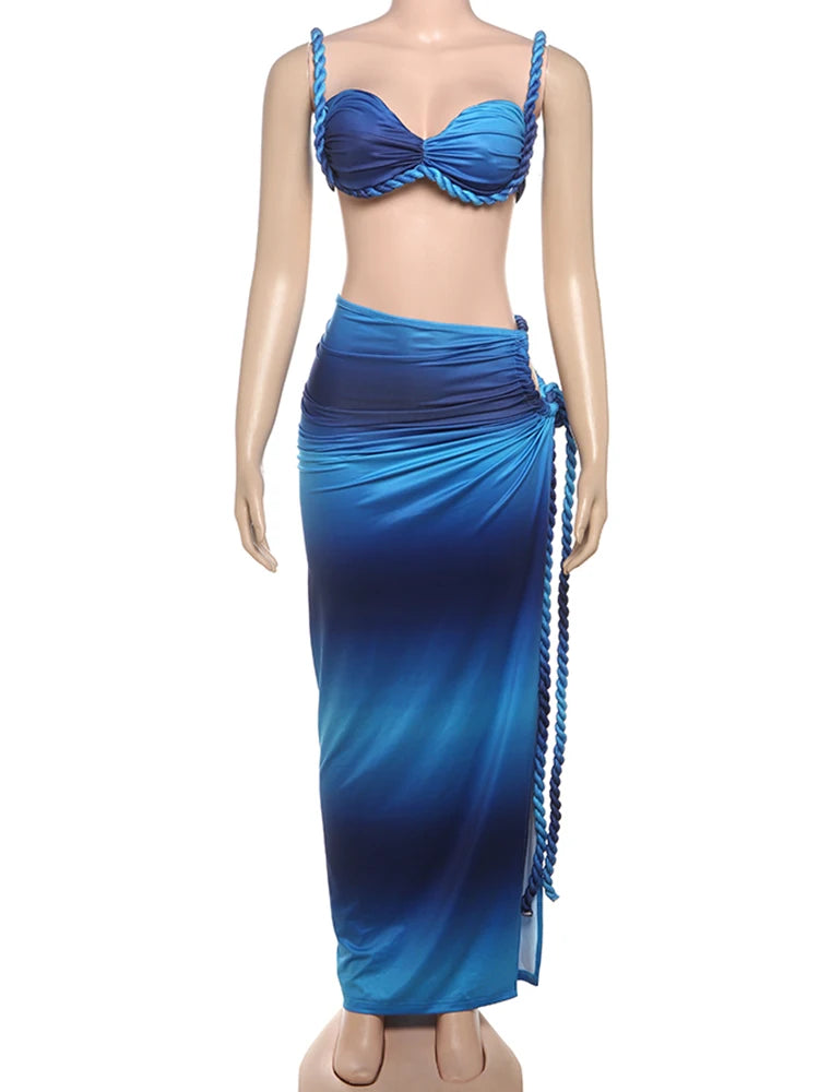 Gradient 2 Piece Set Twist Shoulder Straps Bra Side Splits Skirts