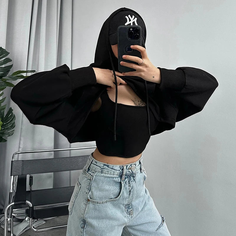 Thicken Drawtring Drawtring Hood Sweathirt Tank Top Long Sleeve Two Piece Set