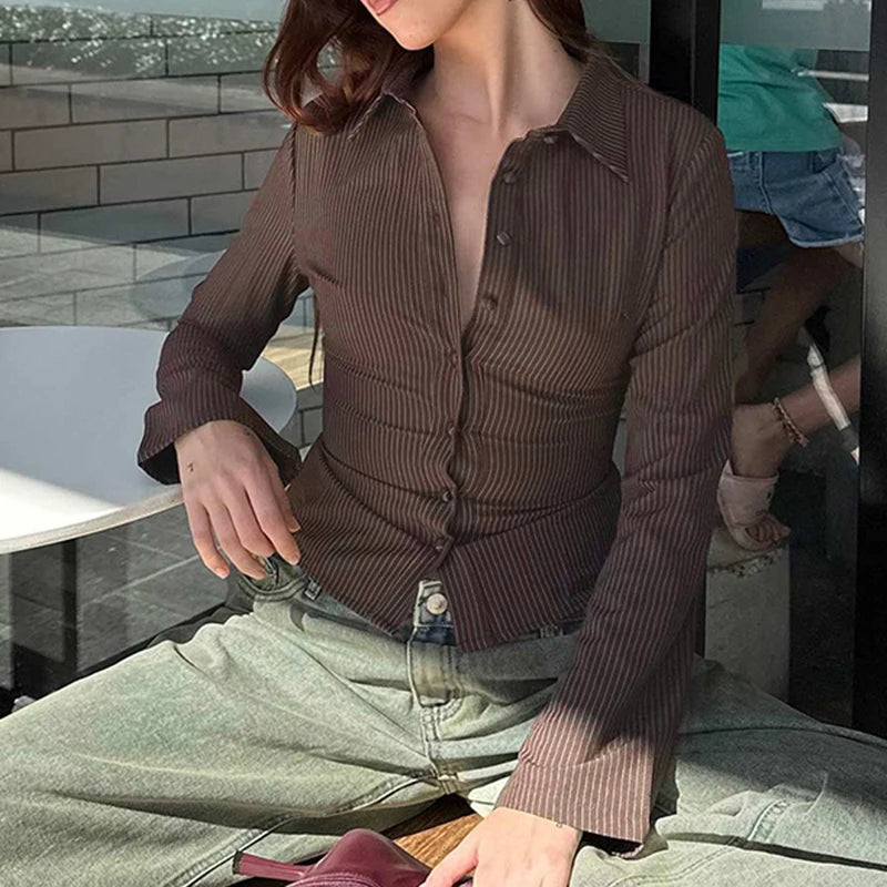 Striped Print Buttons Up Blouses Shirts Flare Sleeves Top