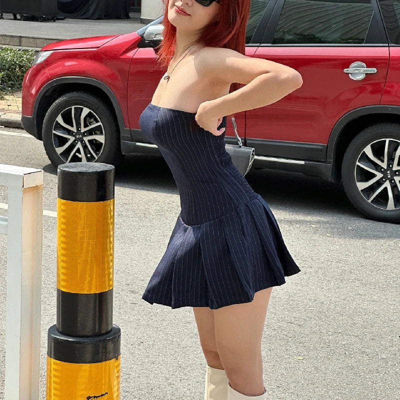 Blue A-line Pleated Slim Mini Dress