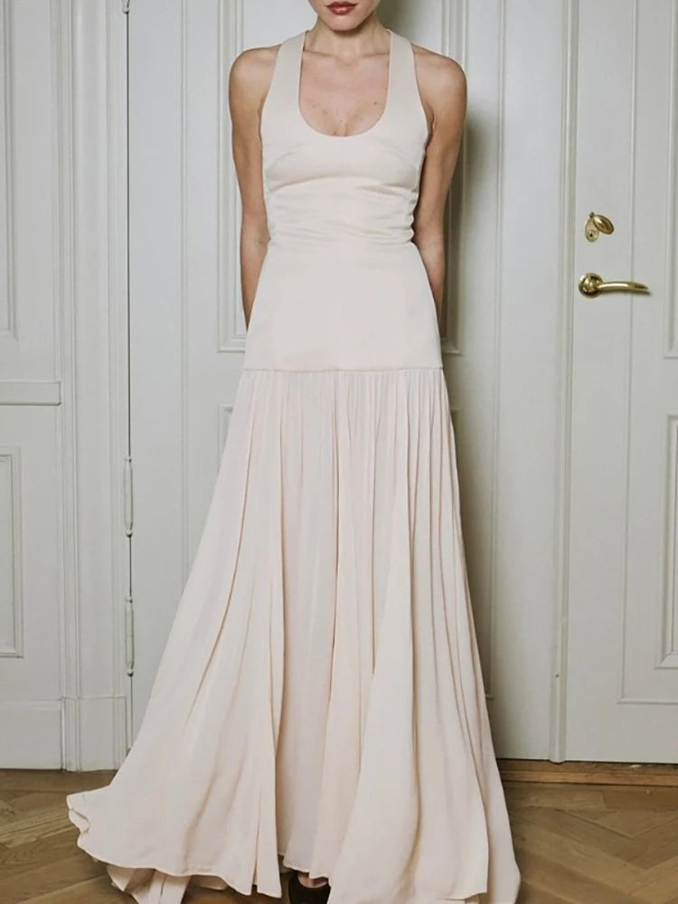 U-neck Maxi Dress Apricot Sleeveless High Waist Dress