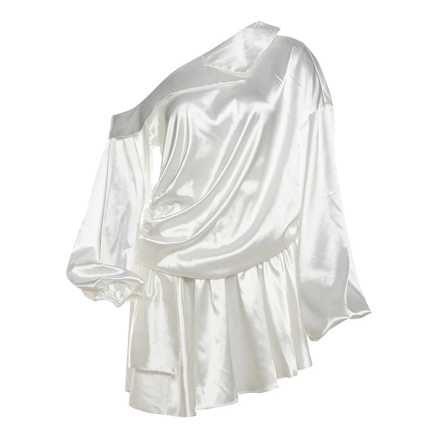 Irregular Satin Dress Diagonal Collar Backless Full Sleeve Ruffle Hem Stretch Mini Bodycon