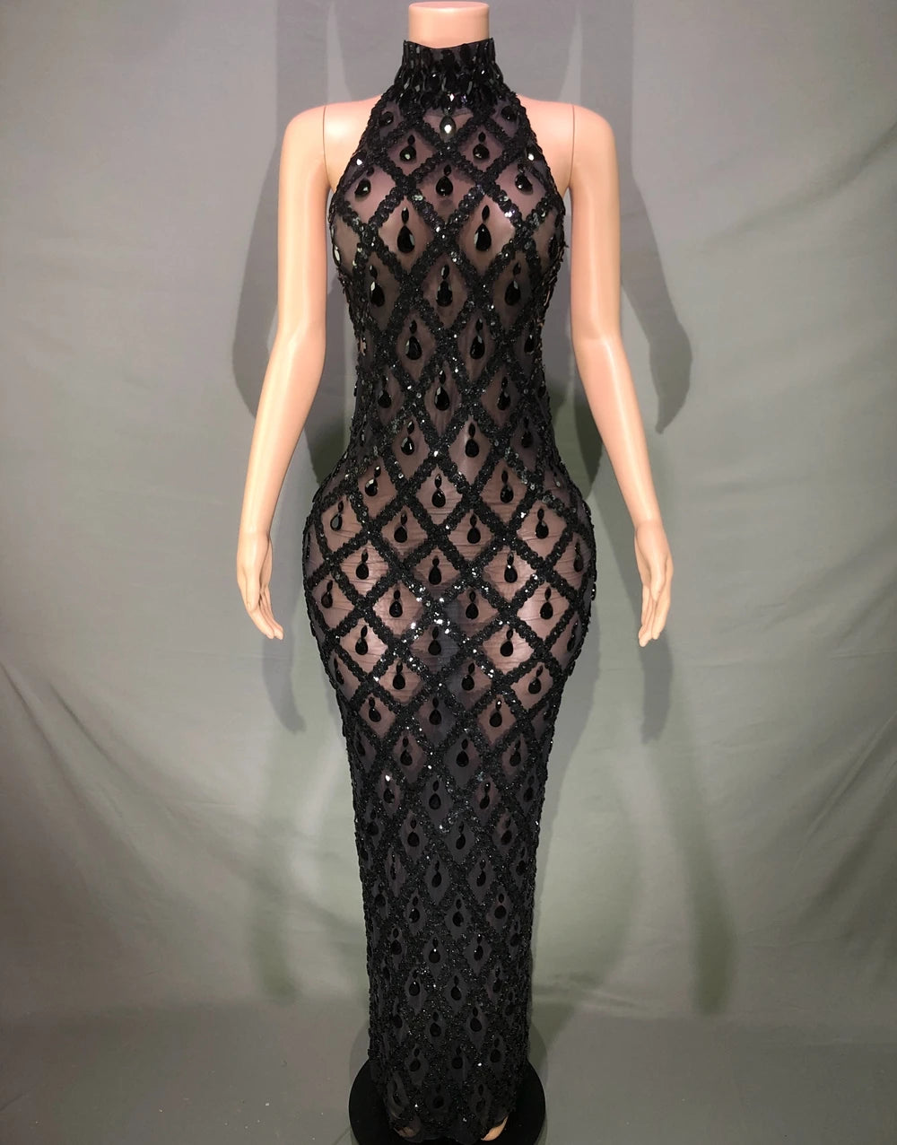 Sparkly Sequins Crystals Long Dress Prom Birthday Dress Transparent Performance Costume Show Stage Wear